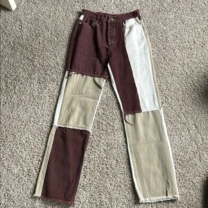 SHEIN Brown Tan Straight Leg Jeans with Unique Color-Block Design